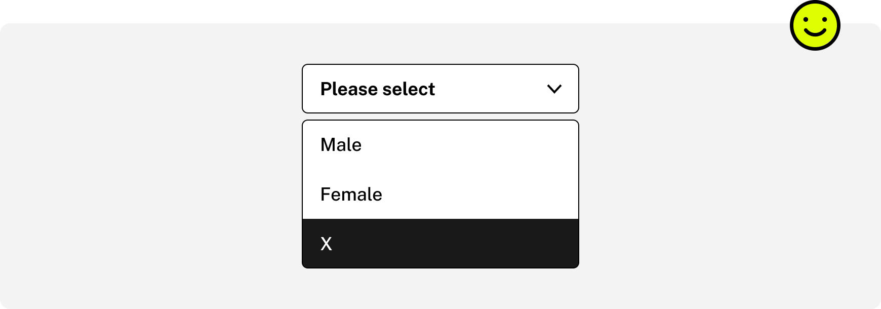 A screenshot of an expanded dropdown menu containing containing three options: male, female, and X.