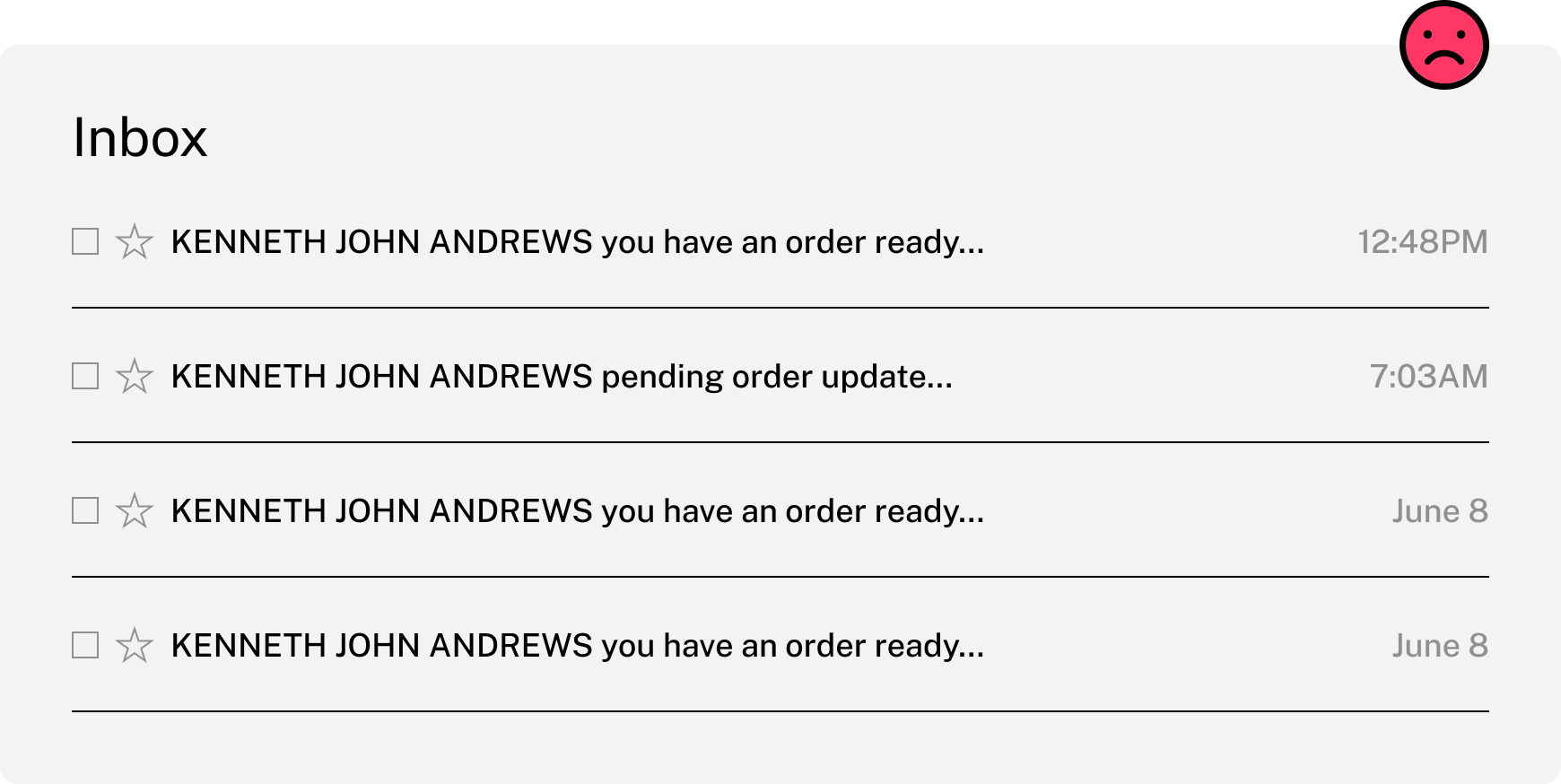 A screenshot of an email inbox containing multiple emails order update emails addressed to ‘KENNETH JOHN ANDREWS’.