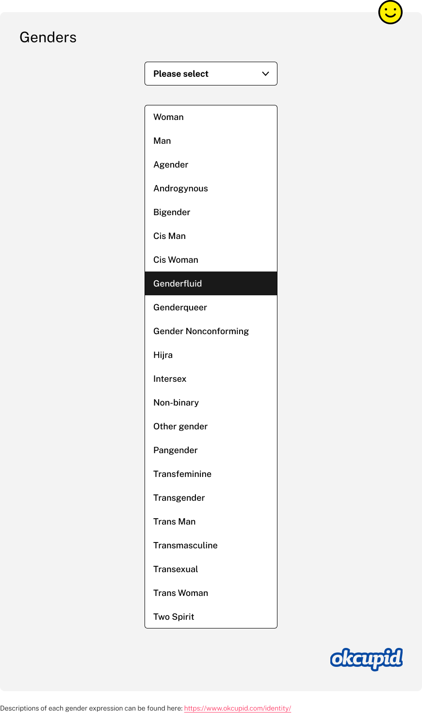 Descriptions of each gender expression can be found here: https://www.okcupid.com/identity/