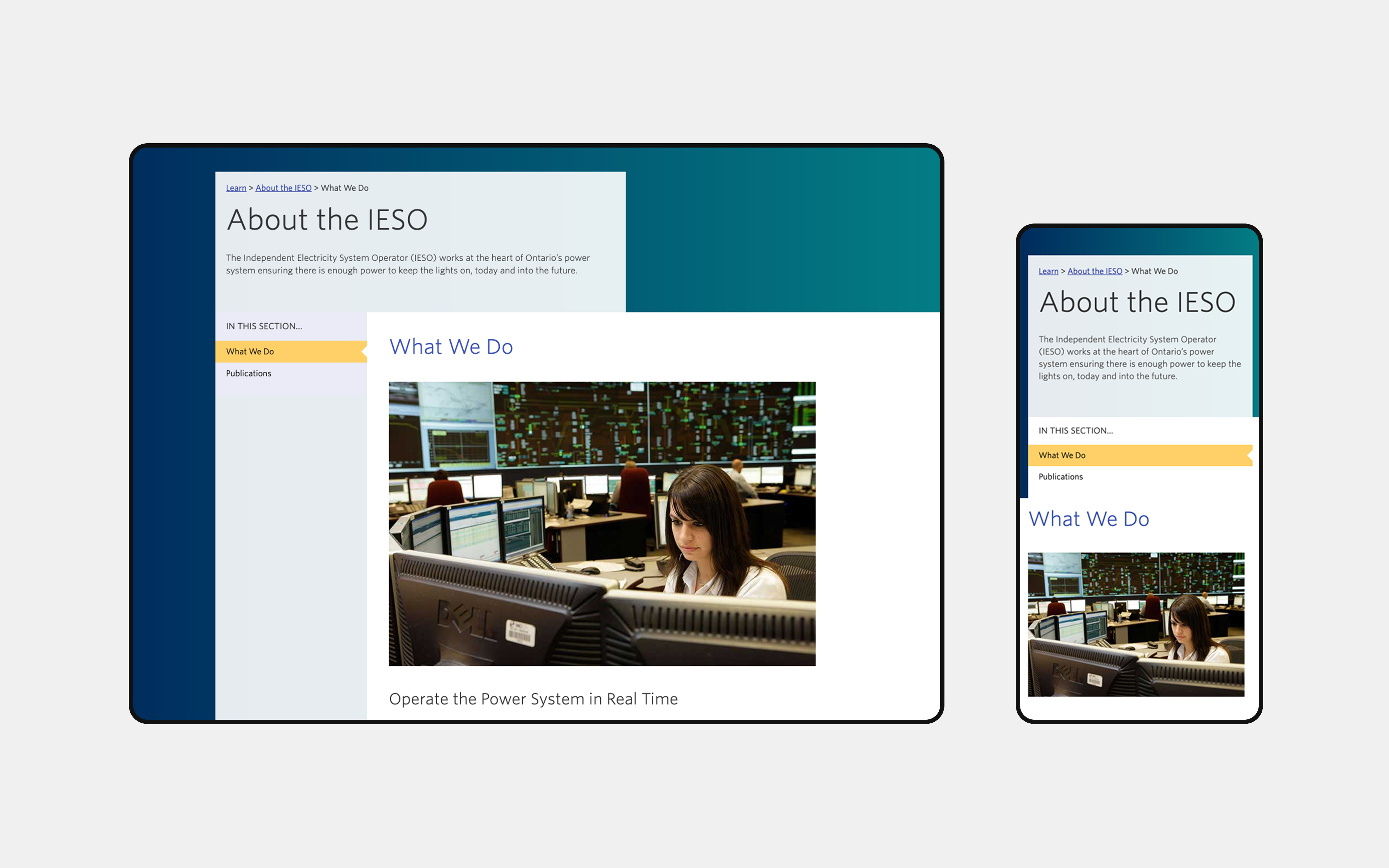 Tablet, and mobile view of IESO webpage