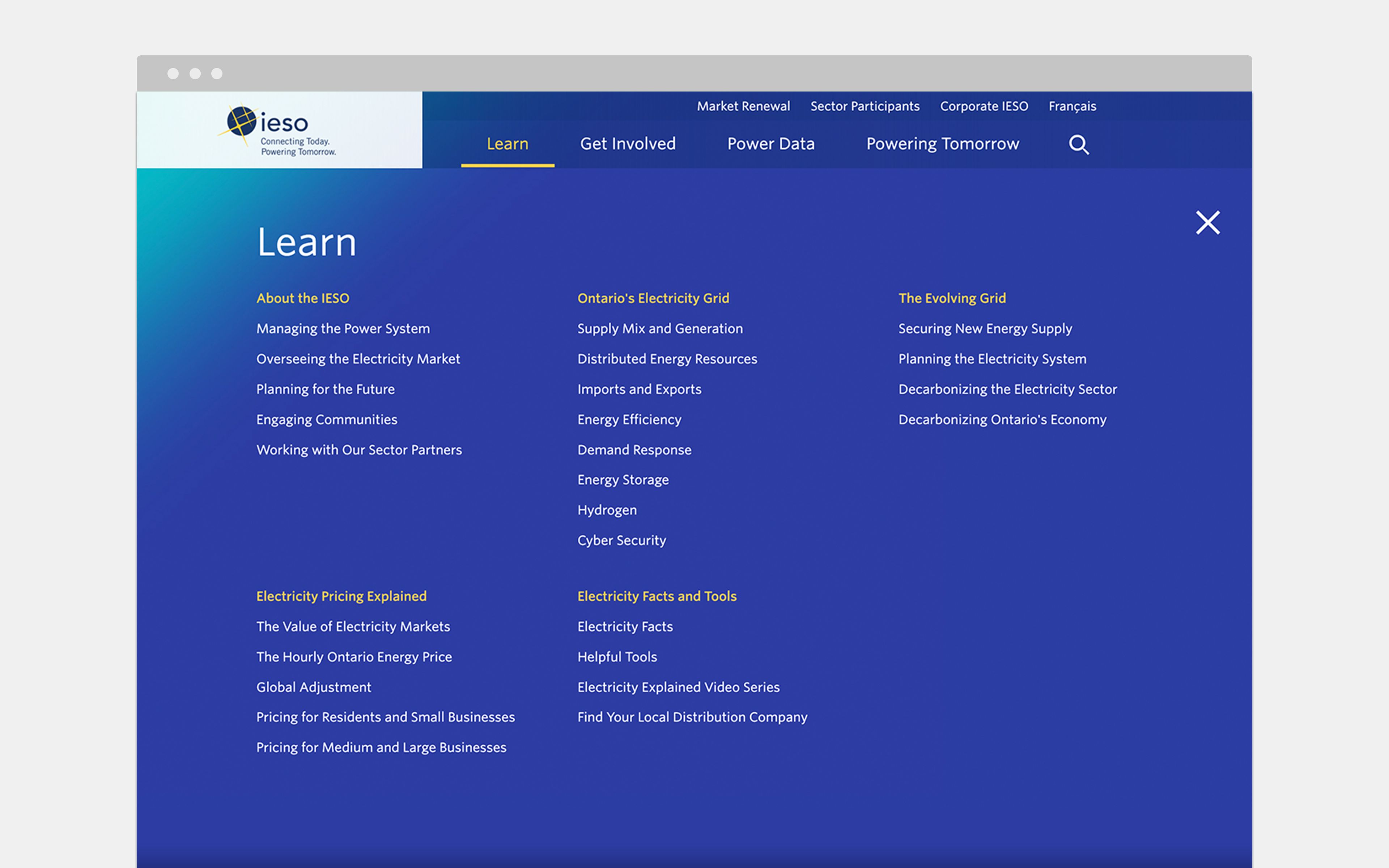 IESO Website mega menu example
