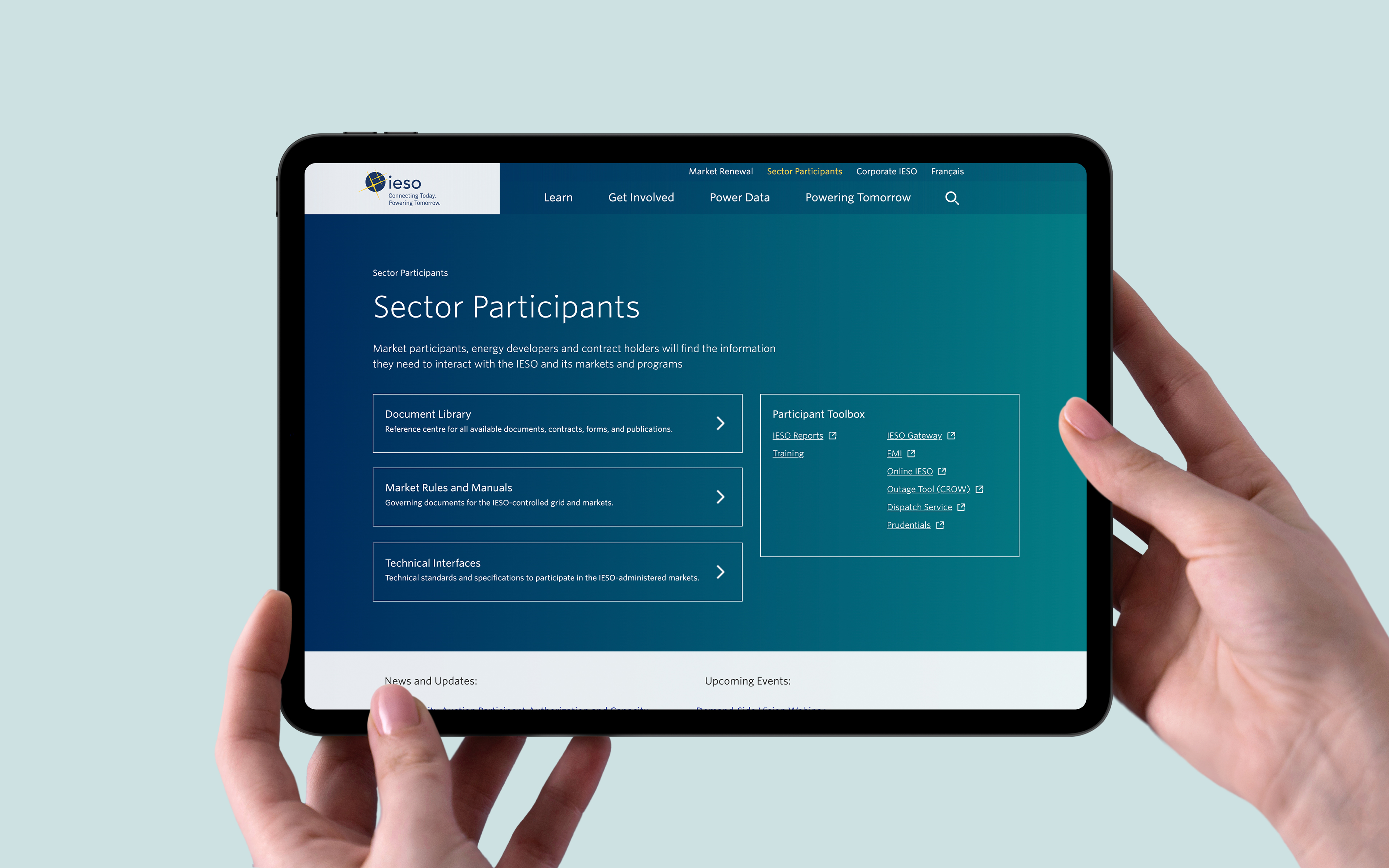 Tablet view of IESO webpage