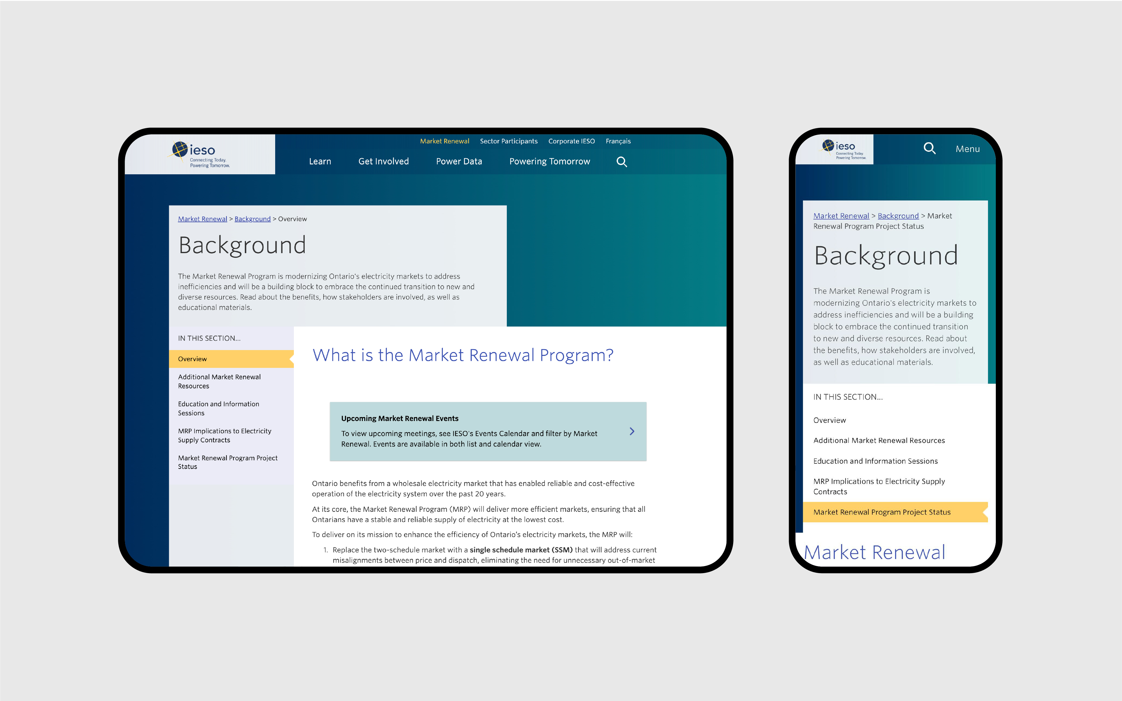 Tablet, and mobile view of IESO webpage