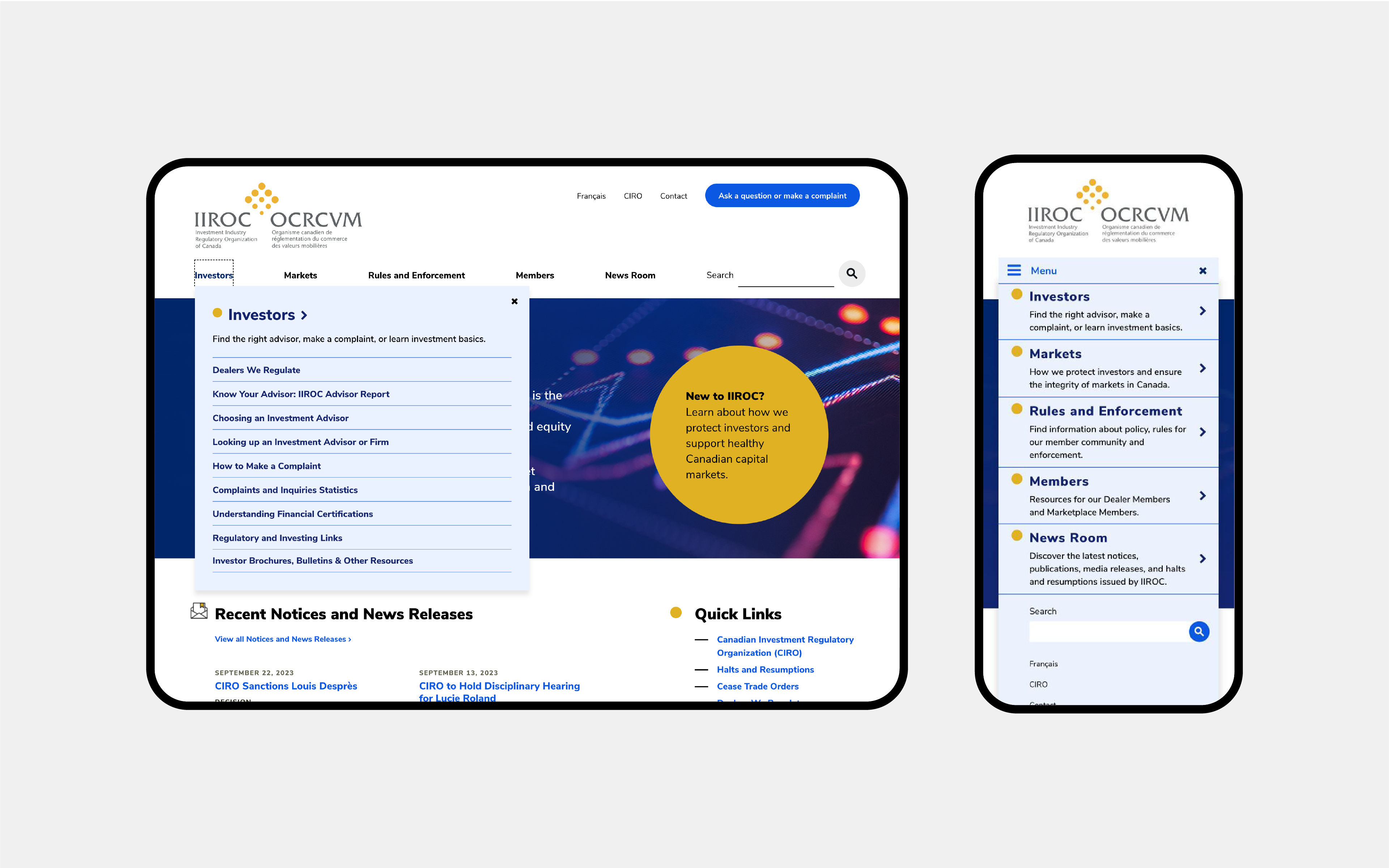 Tablet, and mobile view of IIROC webpage