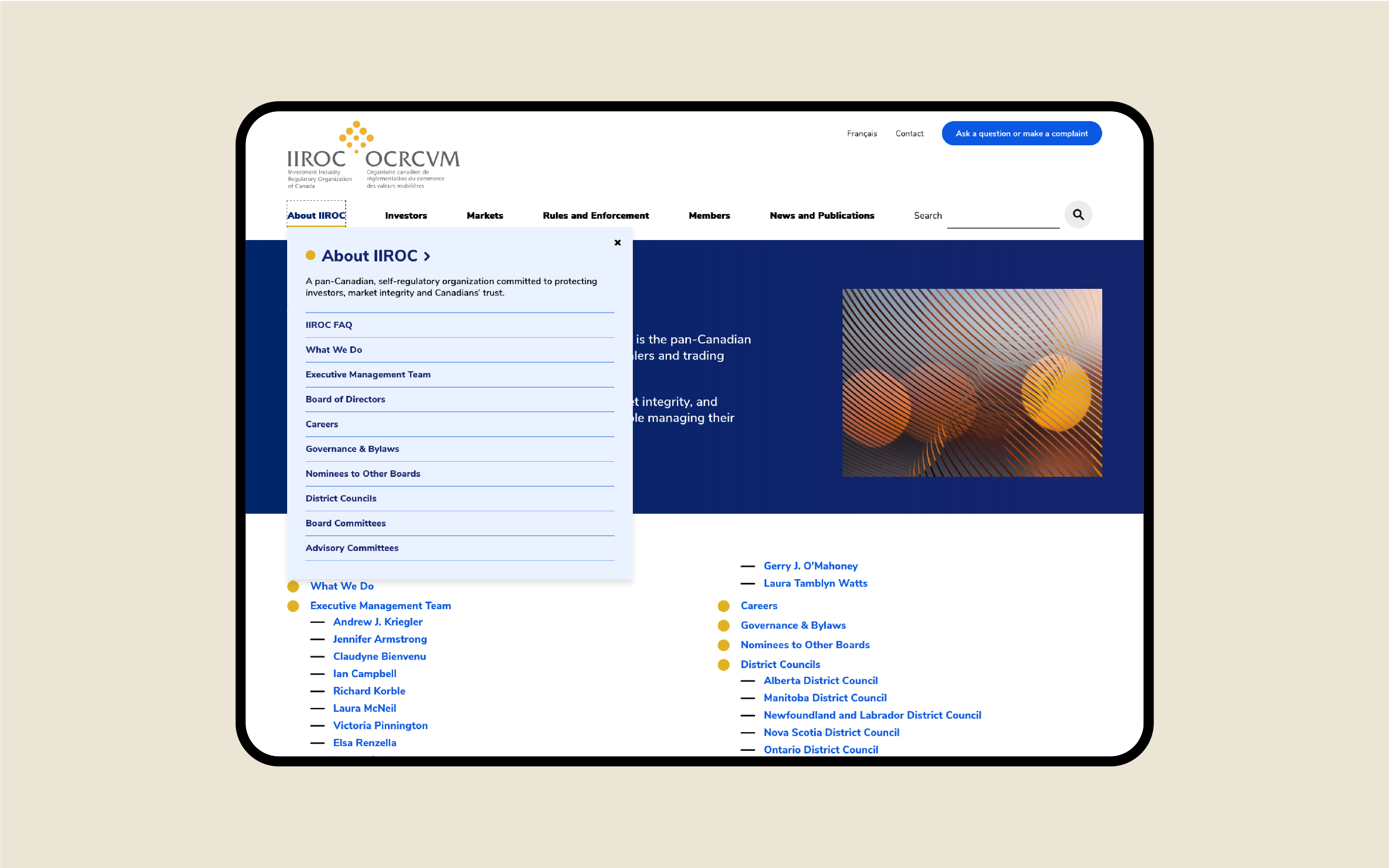 Tablet view of IIROC webpage