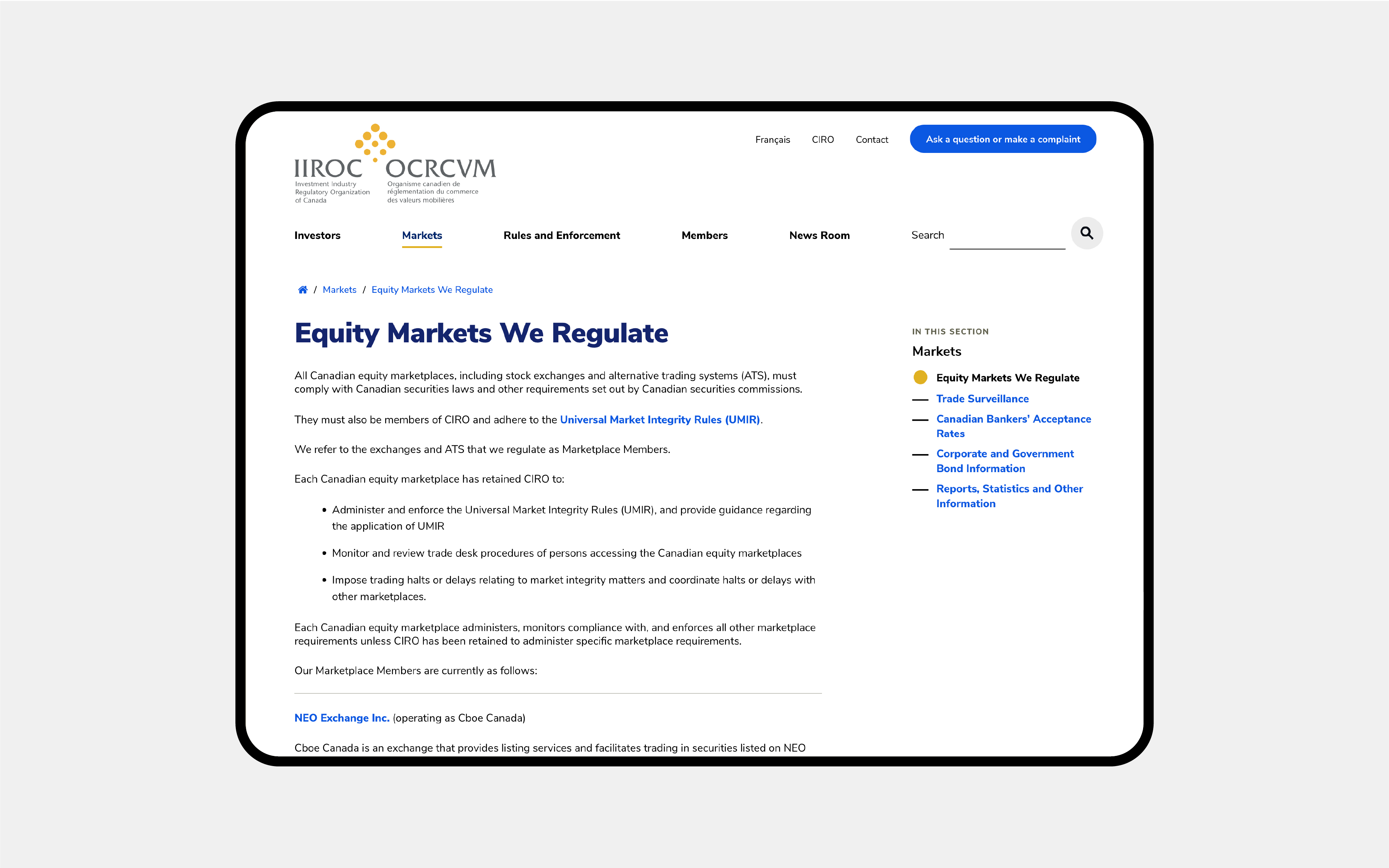 Tablet view of IIROC webpage