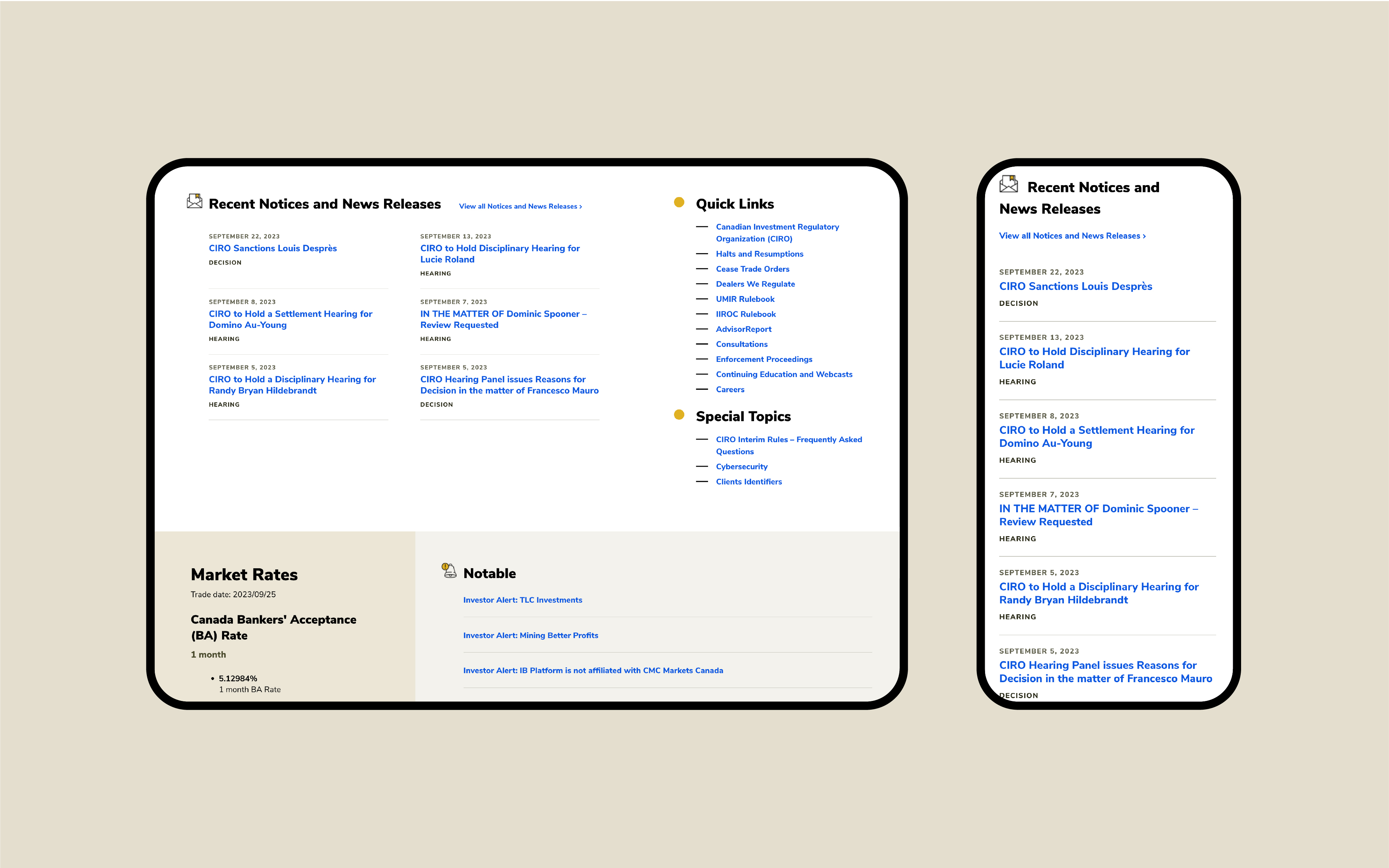 Tablet, and mobile view of IIROC webpage